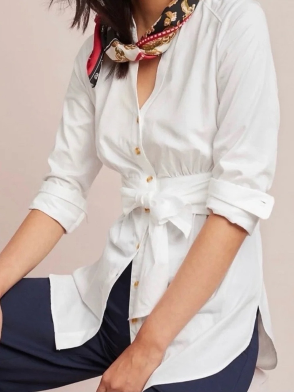 Anthropologie Maeve Button Down Tie Waist Top Size 4 Crisp White Cotton Shirt